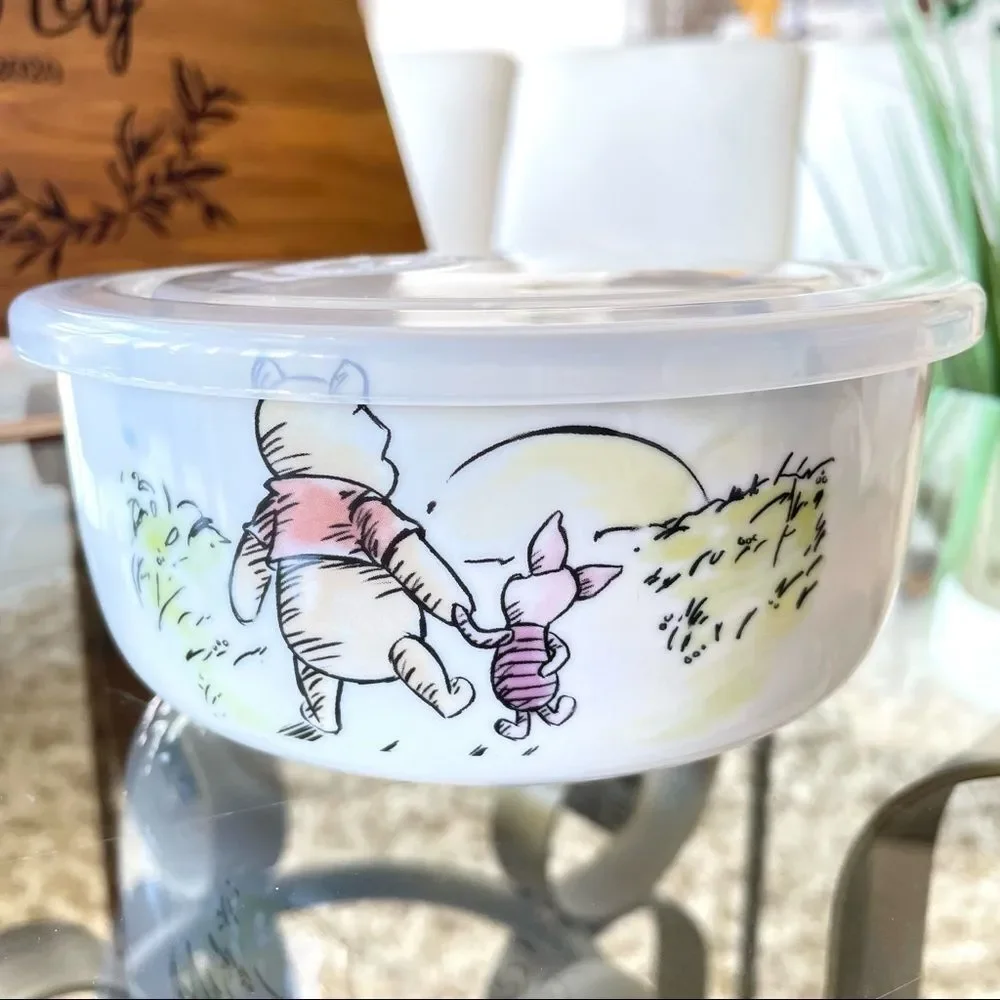 NWT Disney 2 Pc Winnie the Pooh Ceramic White Vented Food container 2 Pieces Set